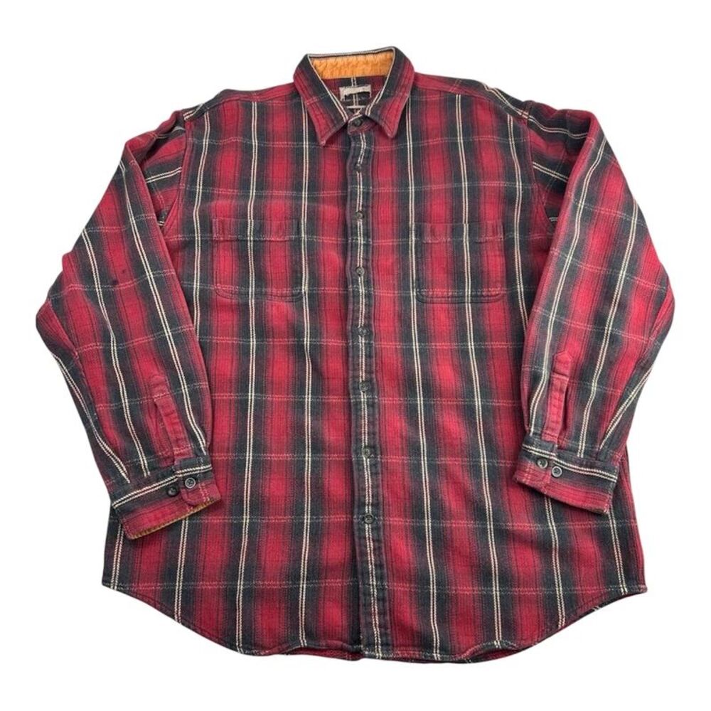 Vtg St Johns Bay Flannel Shirt Mens 2XL Tall Plaid Corduroy Collar Heavy Red